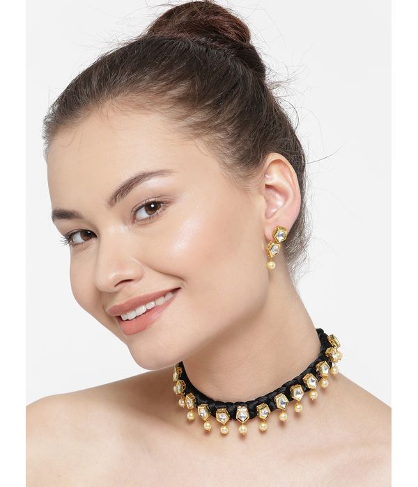 YouBella Black  Gold-Toned Stone-Studded Beaded Jewellery Set